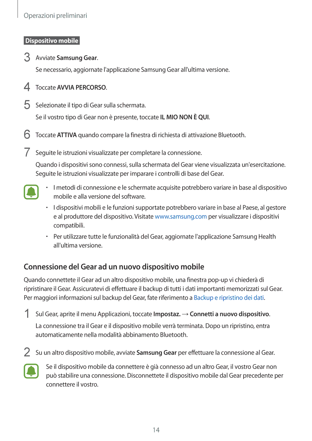 Samsung SM-R365NZKAITV, SM-R365NZRNITV manual Connessione del Gear ad un nuovo dispositivo mobile,  Dispositivo mobile  